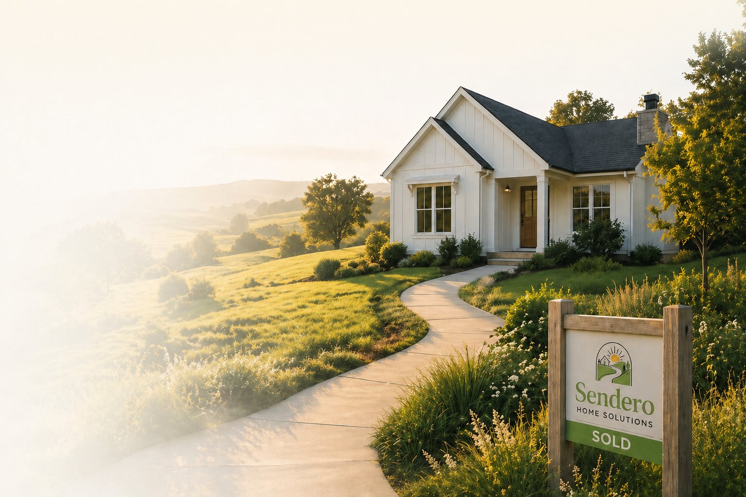 A charming white farmhouse with a Sendero Home Solutions yard sign in a sunlit countryside
